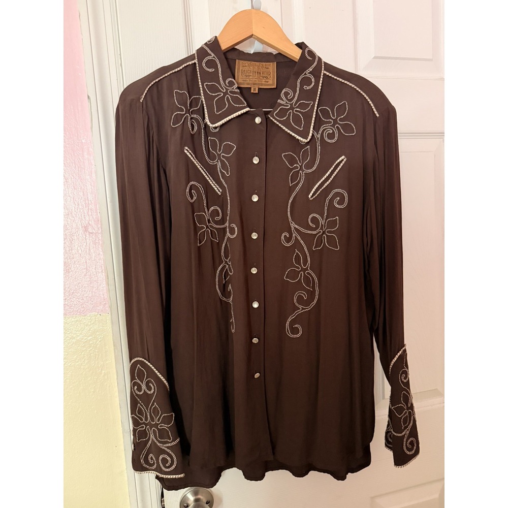 Double D Ranch Western Embroidered Pearl Button Down Shirt Brown, size Medium